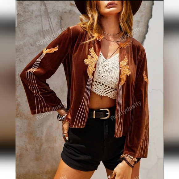 rusttydustty Jackets & Blazers - RUSTTY DUSTTY Floral Embroidery Open Front Velvet Jacket/blazer.Rust Brown M NWT